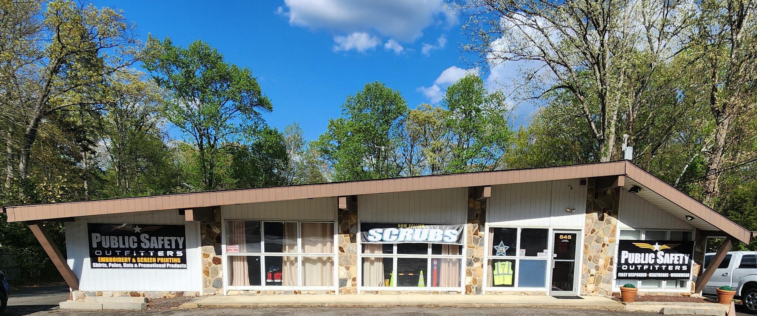 Public Safety Outfitters storefront in Sewell, New Jersey offering medical scrubs, healthcare uniforms, first responder apparel, and workwear.