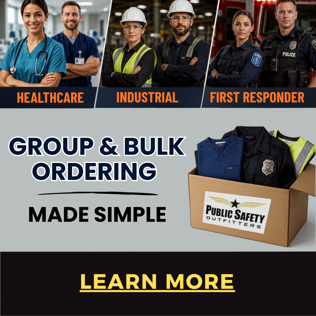 Healthcare professionals, first responders, and industrial workers wearing uniforms with a Public Safety Outfitters box containing medical scrubs, public safety apparel, and workwear for group orders.