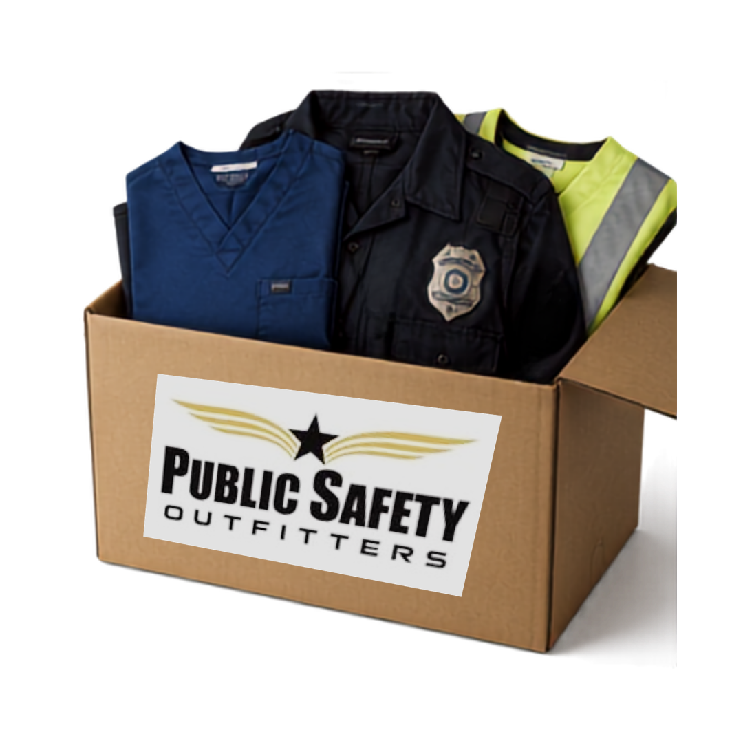 Public Safety Outfitters group order box containing healthcare uniforms, police apparel, and safety workwear for customized team uniform programs.
