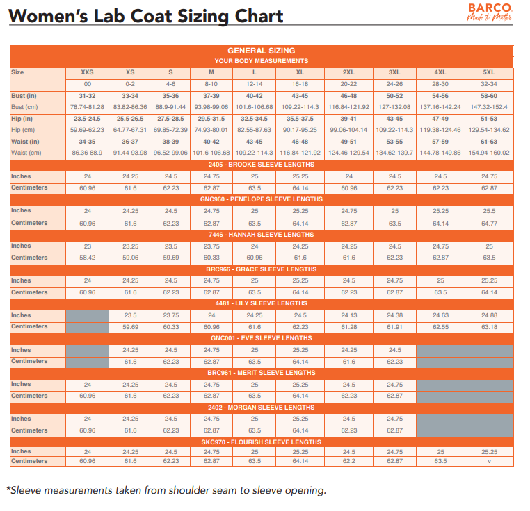 Medical scrub sizing guides and size charts for Cherokee, Dickies, Healing Hands, Infinity, Med Couture, and Barco healthcare uniforms from Public Safety Outfitters.