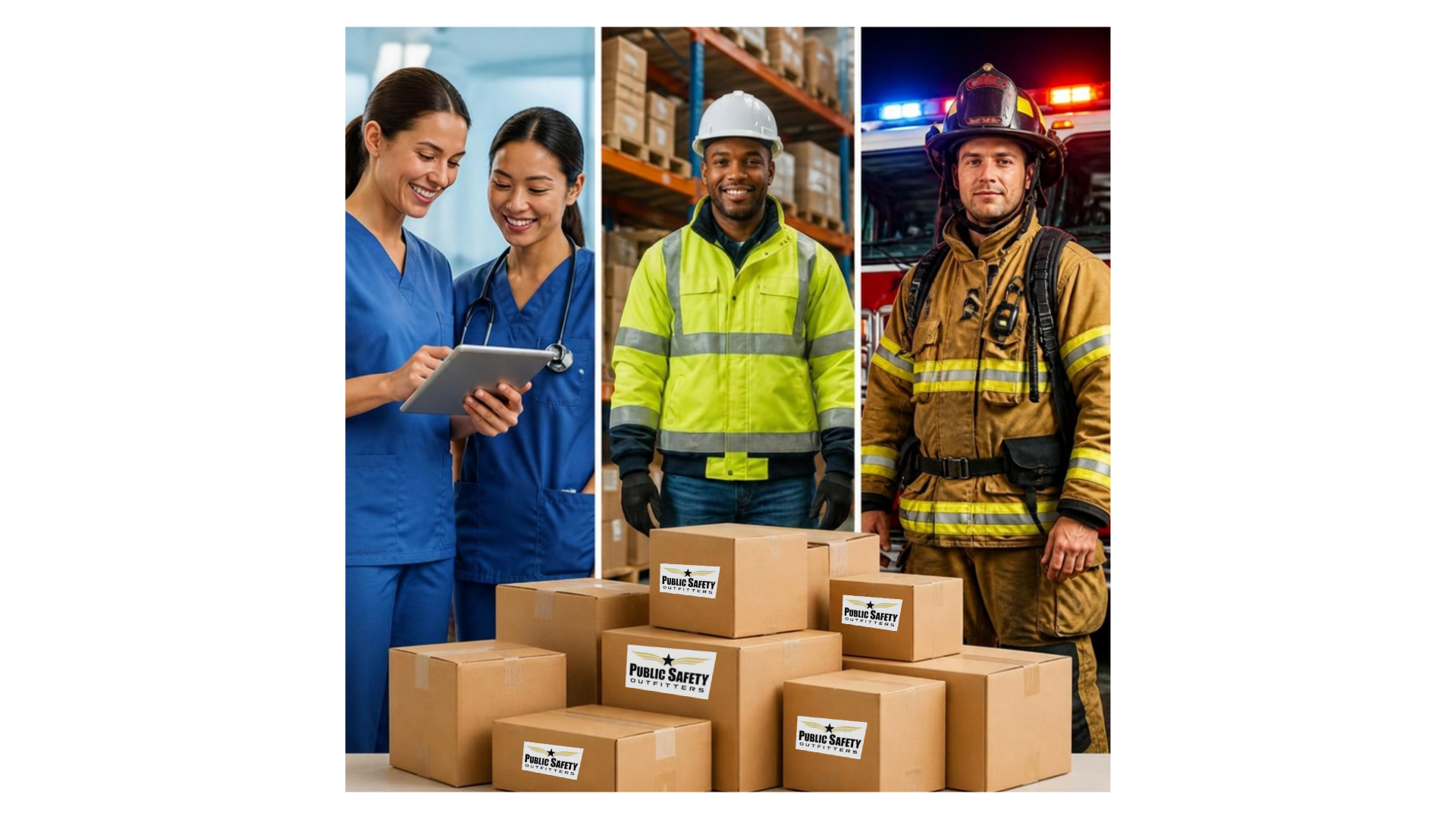 Healthcare workers, industrial worker, and firefighter representing Public Safety Outfitters group and volume uniform ordering programs with branded apparel packages.