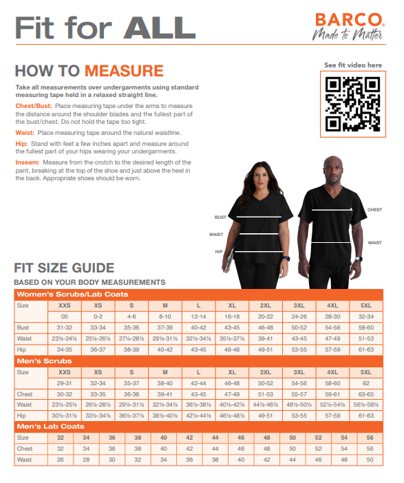 Medical scrub sizing guides and size charts for Cherokee, Dickies, Healing Hands, Infinity, Med Couture, and Barco healthcare uniforms from Public Safety Outfitters.