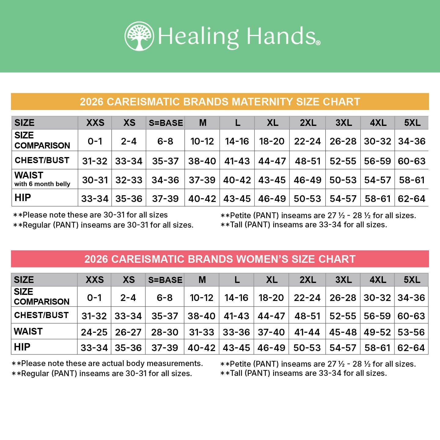 Medical scrub sizing guides and size charts for Cherokee, Dickies, Healing Hands, Infinity, Med Couture, and Barco healthcare uniforms from Public Safety Outfitters.