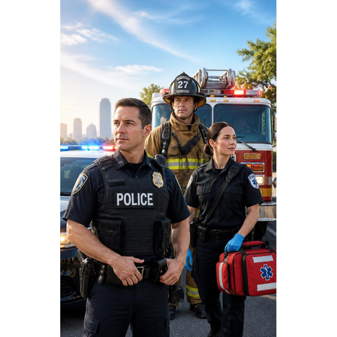 Police officer, EMT, and firefighter representing first responder uniforms and services