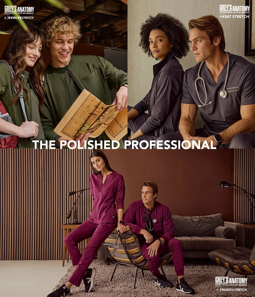 Grey's Anatomy by Barco medical scrub collections featuring healthcare professionals wearing polished, professional healthcare uniforms.