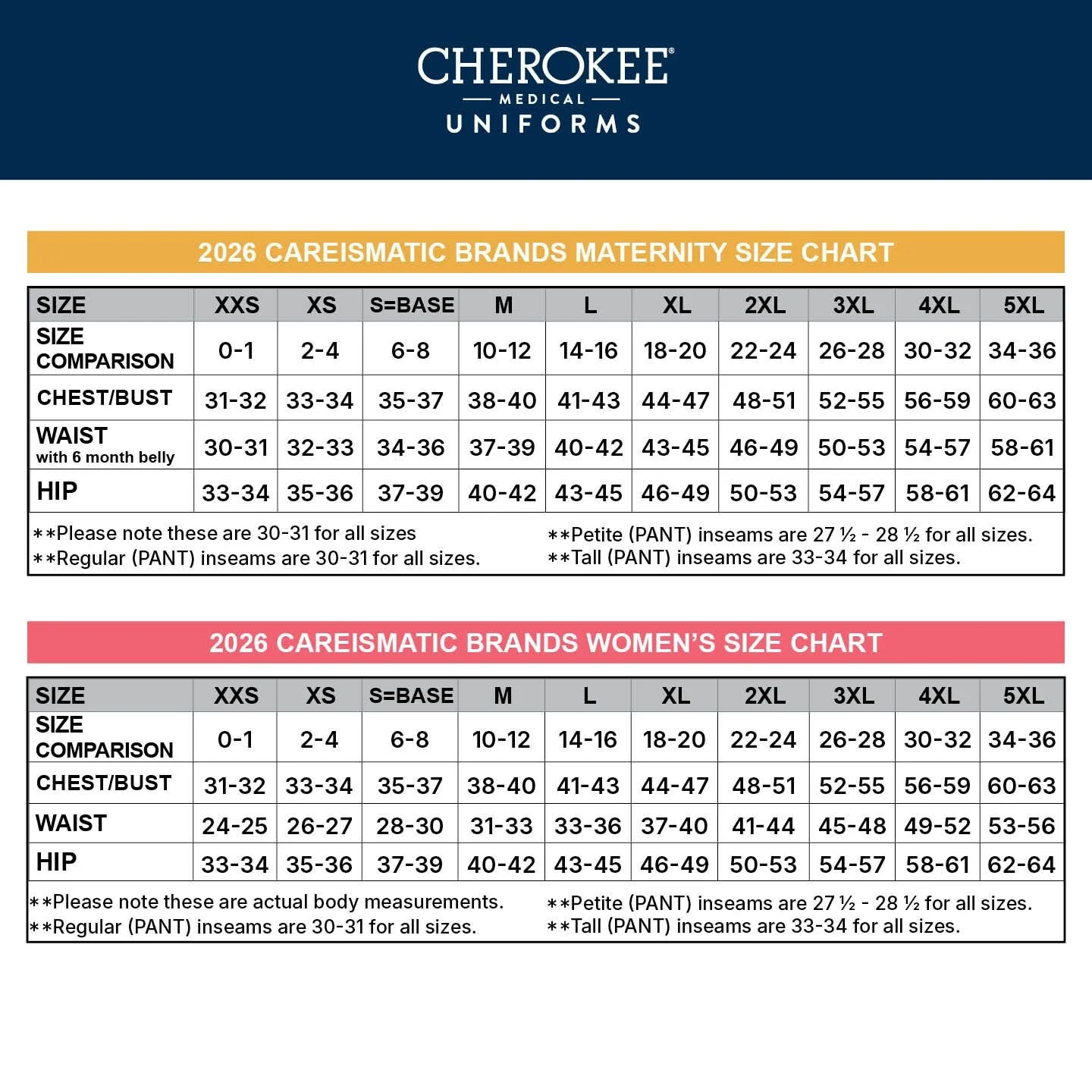Medical scrub sizing guides and size charts for Cherokee, Dickies, Healing Hands, Infinity, Med Couture, and Barco healthcare uniforms from Public Safety Outfitters.