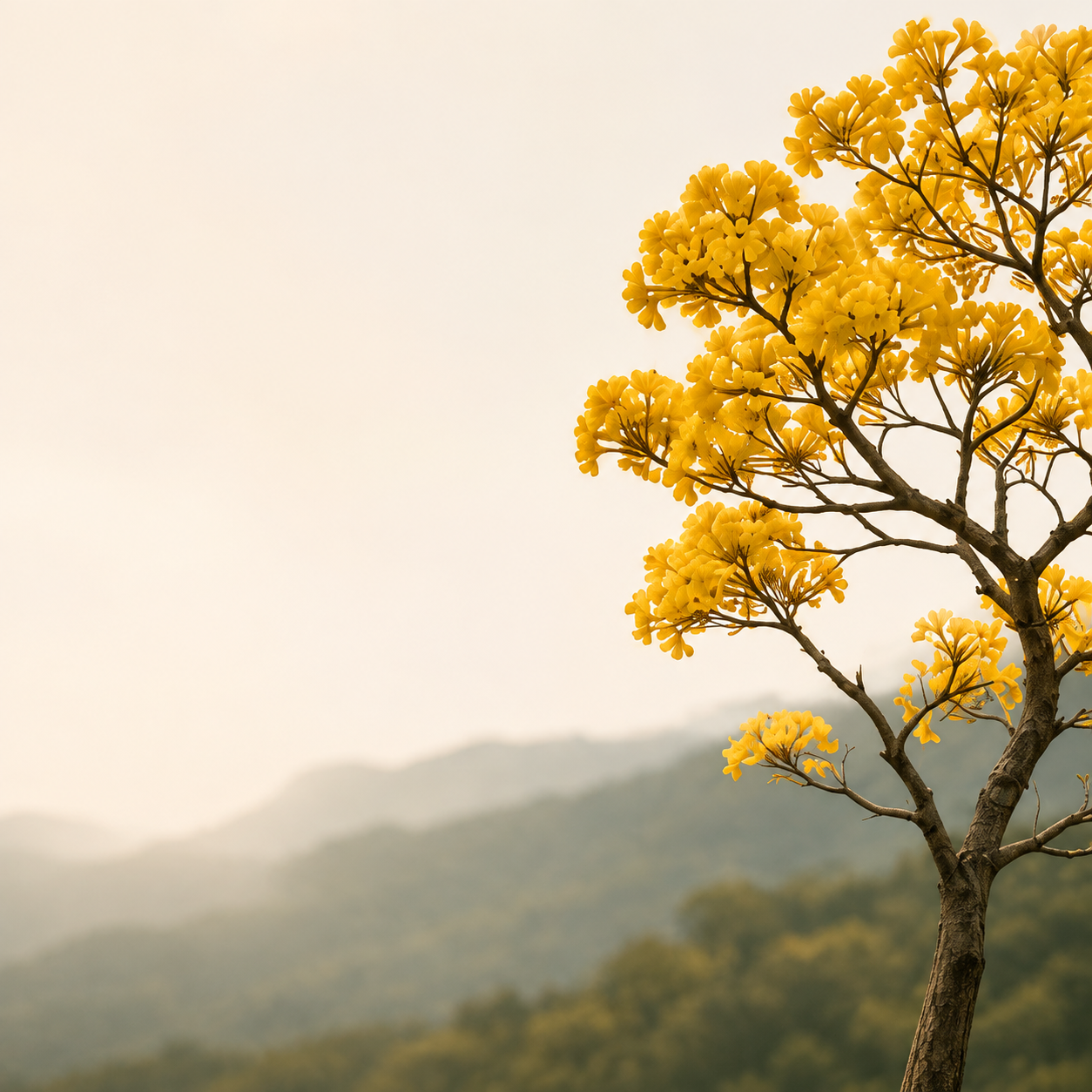 A tree with yellow flowers against a hazy sky and distant mountains in the background.