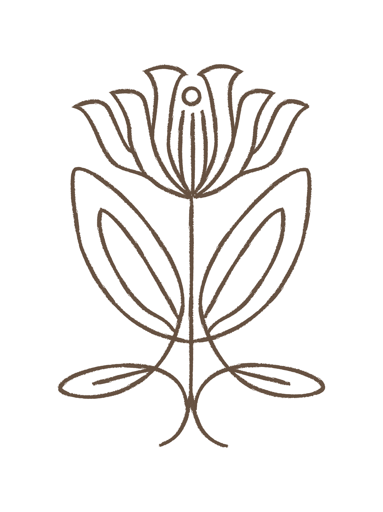 A minimalist, line art illustration of a blooming flower with symmetrical petals and leaves.