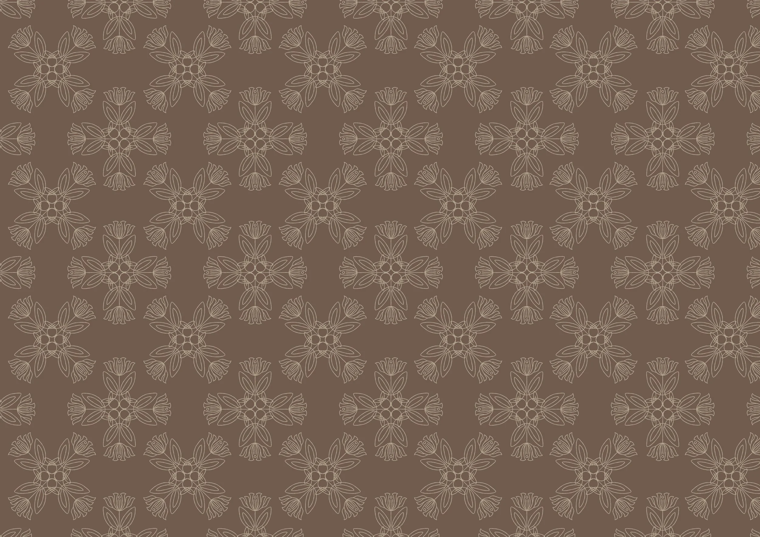 A brown background with a repeating pattern of beige floral and geometric designs.