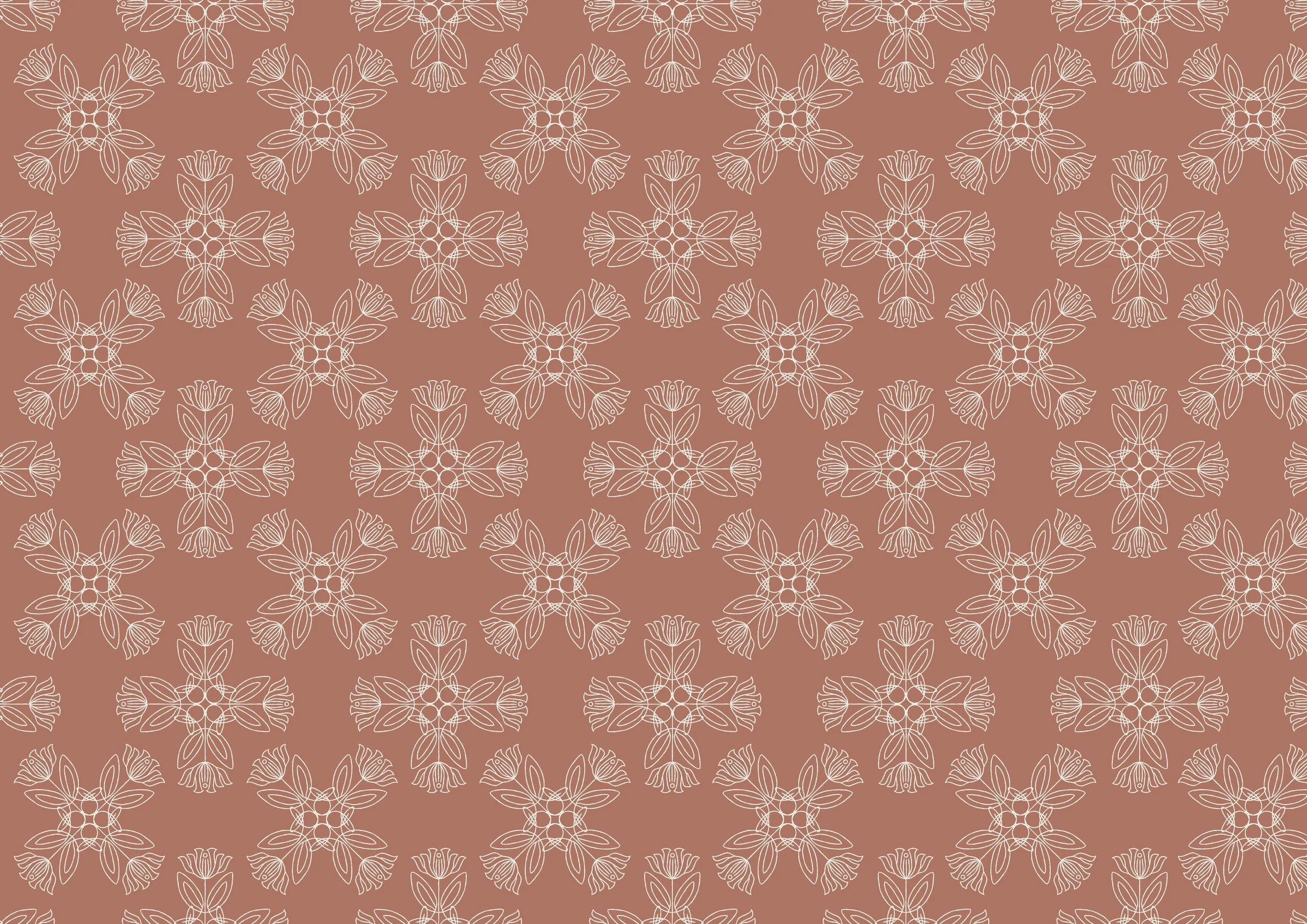 The image features a seamless pattern with white outline floral motifs on a brown background, arranged in a regular grid.