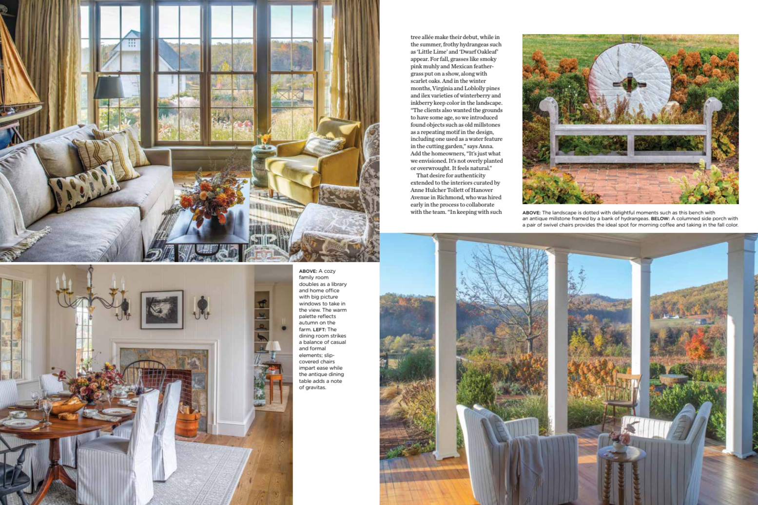 Top left: a cozy family room with large windows, a beige sofa, yellow armchair, patterned chairs, and a coffee table with a floral arrangement. Top right: a garden with a stone bench and a large antique millstone framed by hydrangeas. Bottom right: an outdoor porch with white columns, overlooking fall foliage with trees and hills in the distance.