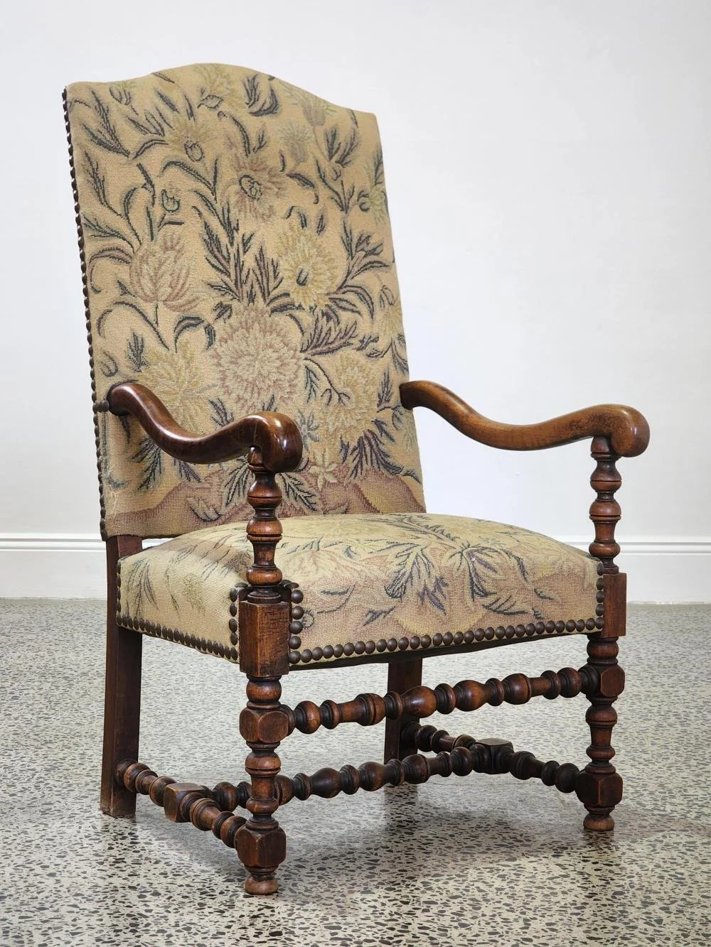 French Louis XIII Style Walnut High Back Armchair