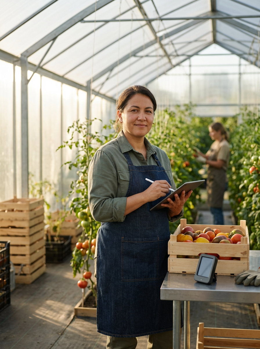 Woman in a greenhouse holding a notepad and pen, with crates of tomatoes and a tablet on the table, while another woman in the background inspects plants.