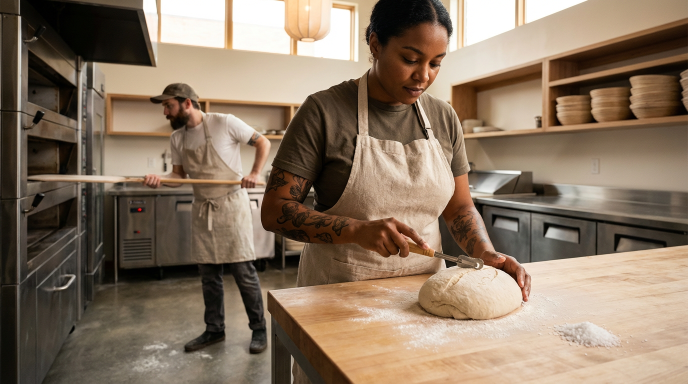 A woman is kneading dough with a butter knife at a wooden kitchen counter in a bakery or kitchen, with a man in the background holding a pizza peel near an oven, both wearing aprons.