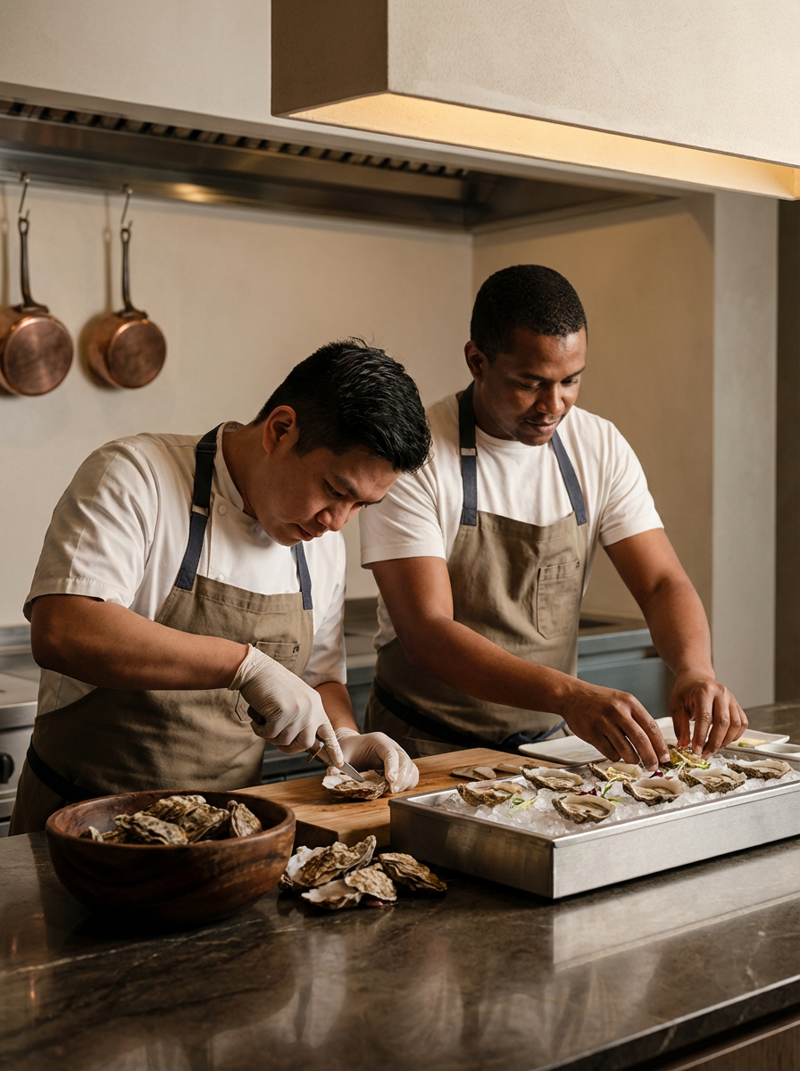 Two chefs preparing oysters in a professional kitchen, with one shucking oysters and the other garnishing.
