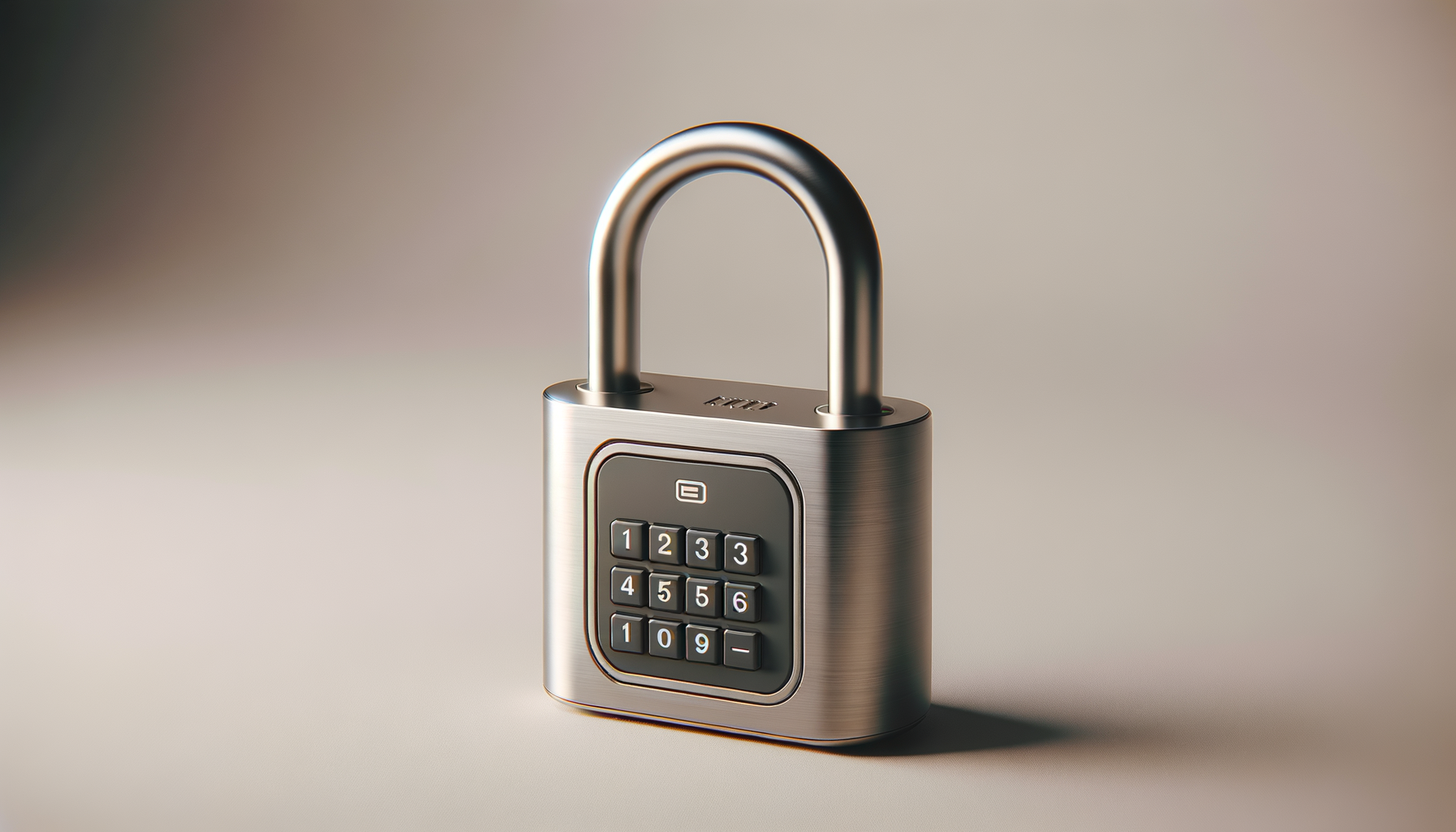 A modern metallic padlock with a digital keypad on the front and a curved shackle