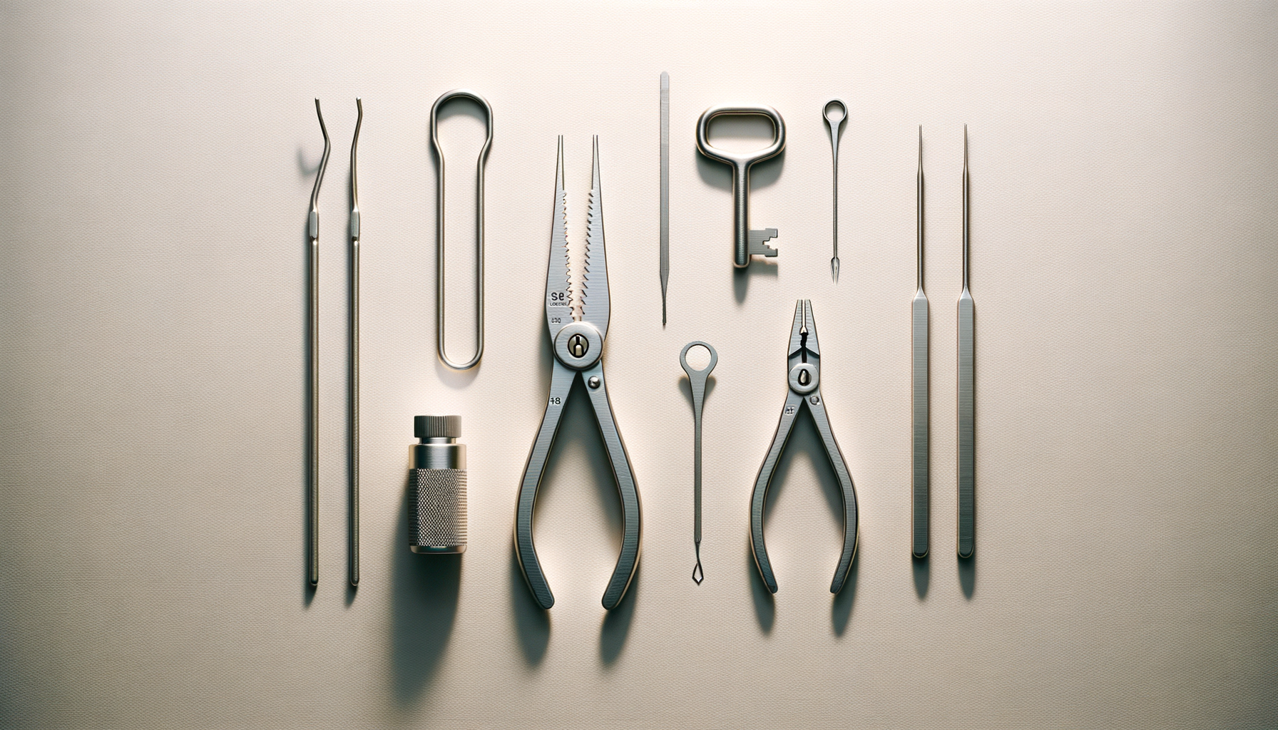 Collection of metal surgical tools arranged on a light-colored surface, including forceps, scissors, a scalpel, a bottle, and other precision instruments.