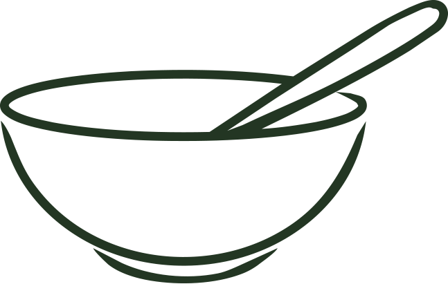 Line drawing of a bowl with a spoon inside it.