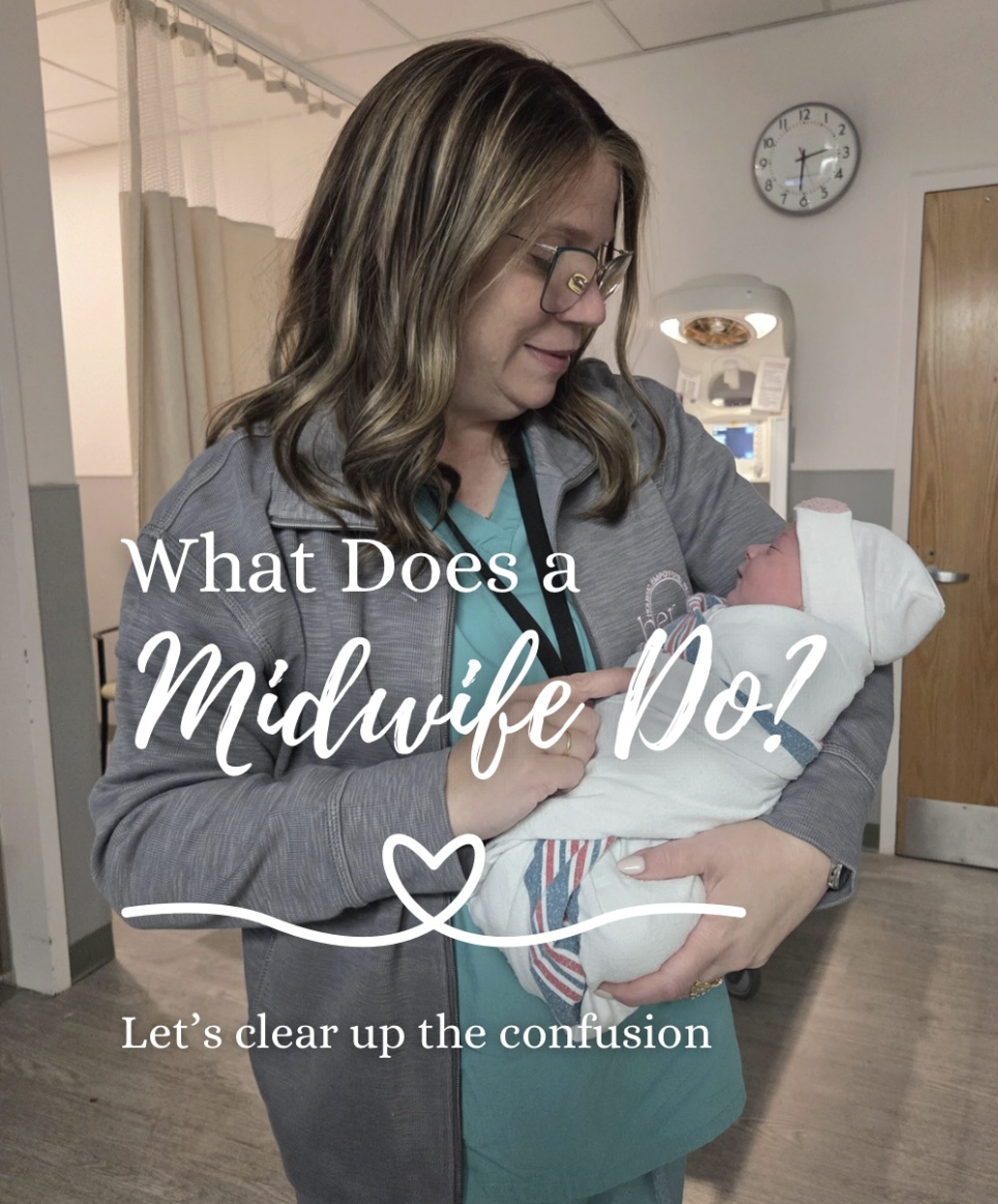 A woman holding a newborn baby in a hospital setting, with a clock on the wall and a hospital curtain in the background, overlaid with text asking about the roles of a midwife.