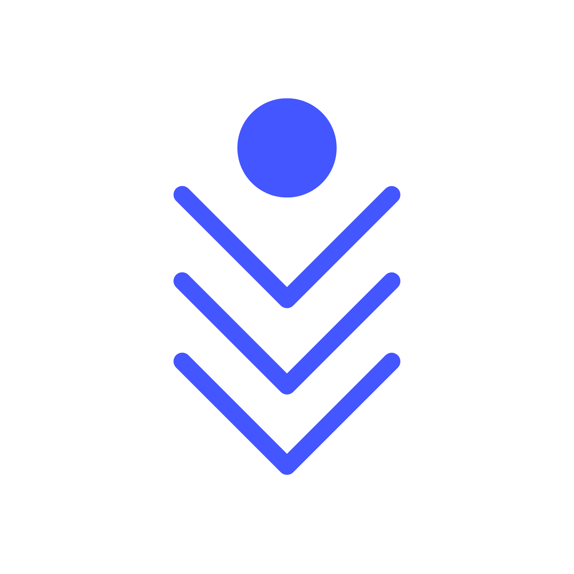 Blue triple-chevron arrow and dot icon symbolizing the start of The Pixel Press Co. website process.