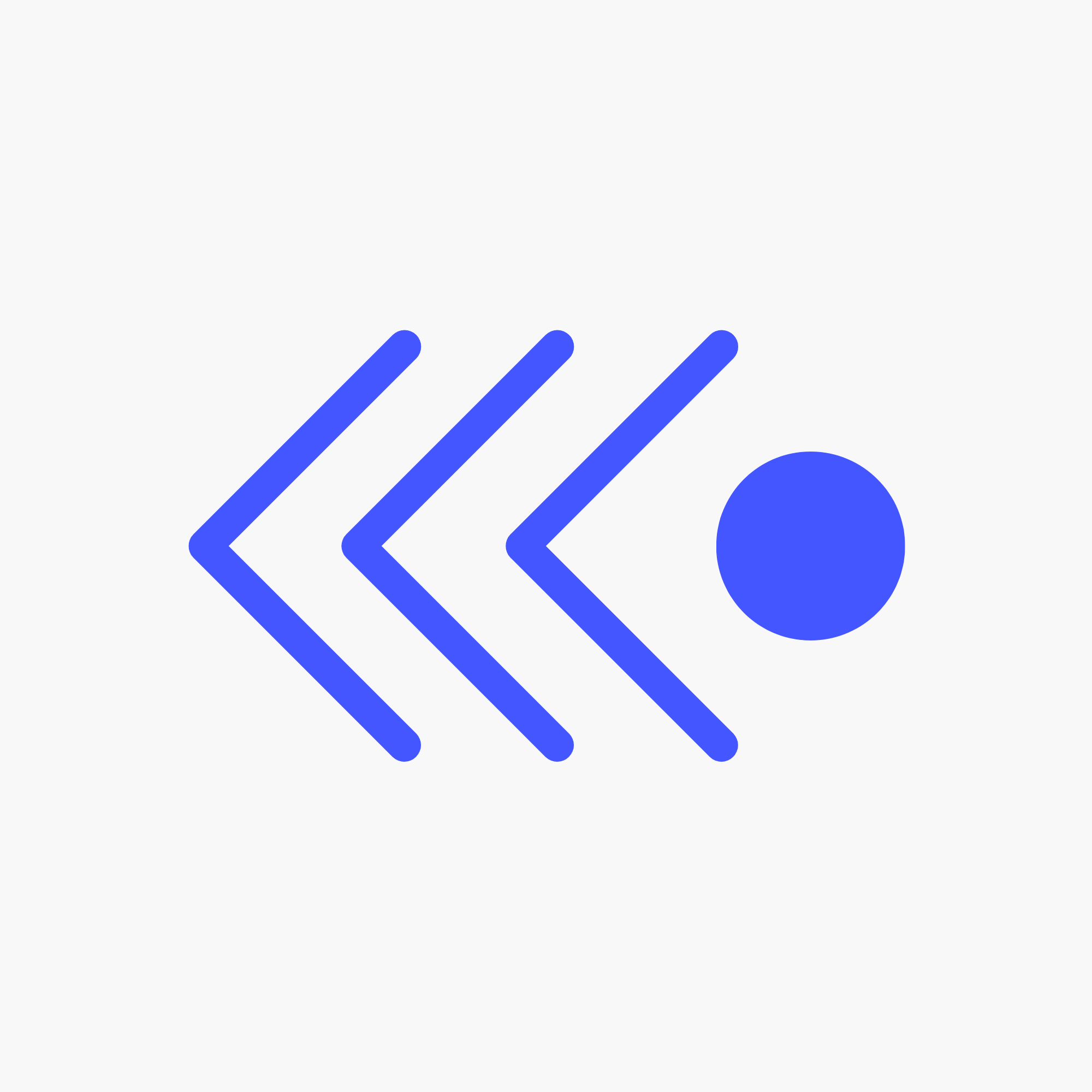 Blue triple-chevron arrow and dot icon symbolizing the start of The Pixel Press Co. website process.