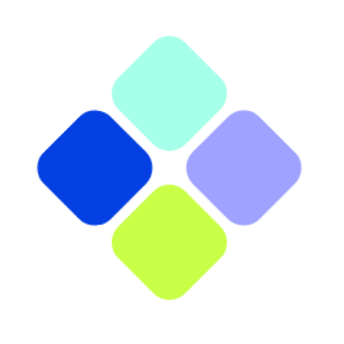 Four-color diamond icon in mint, blue, purple, and lime, a custom brand graphic by The Pixel Press Co.