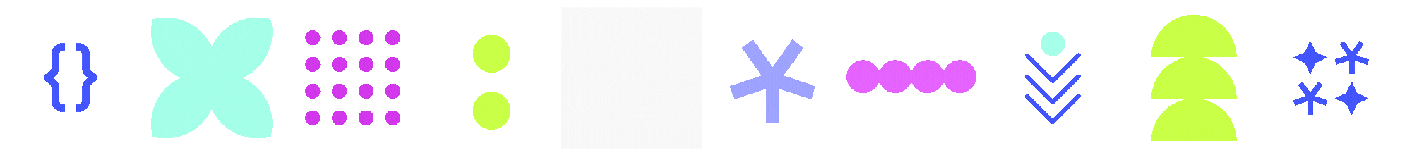 Colorful row of designed icons including code brackets, dot grid, bars, and sparkle graphics by The Pixel Press Co.
