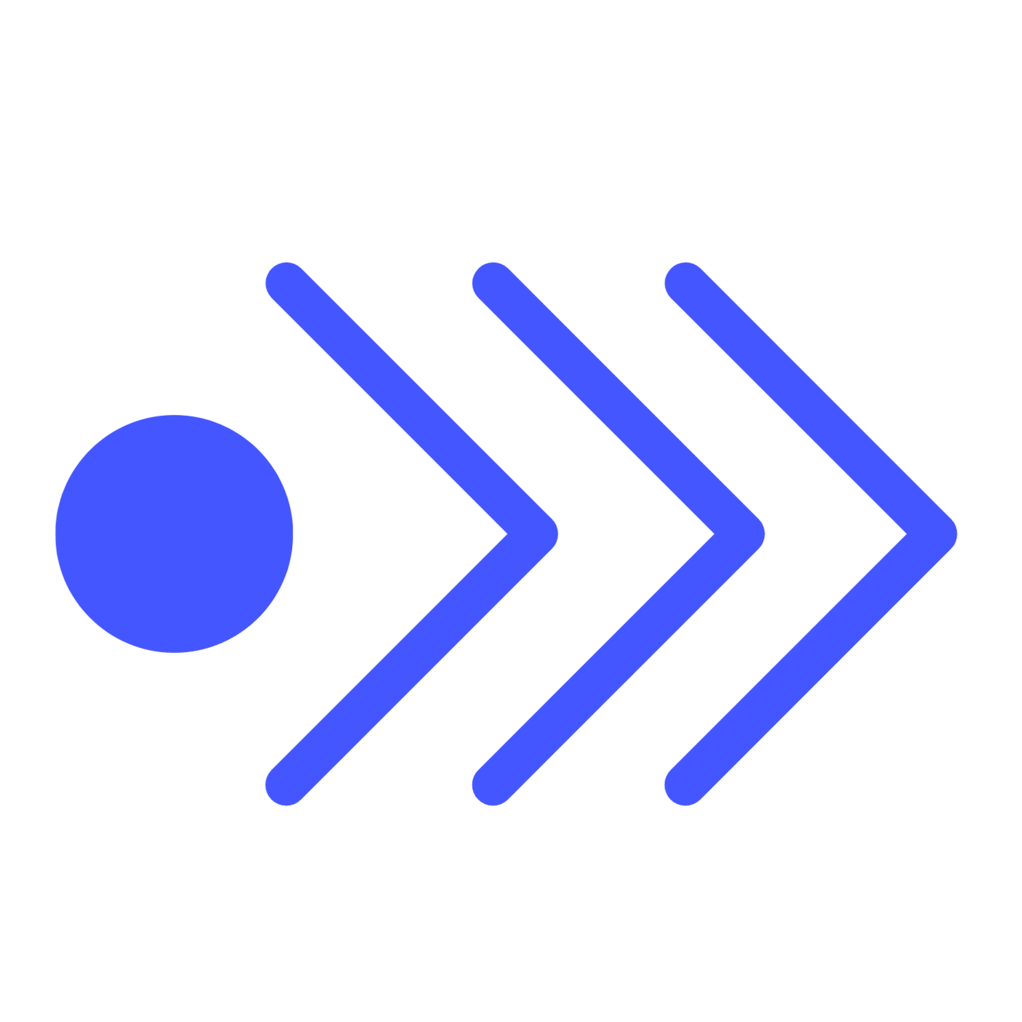 Blue triple-chevron arrow and dot icon symbolizing the start of The Pixel Press Co. website process.