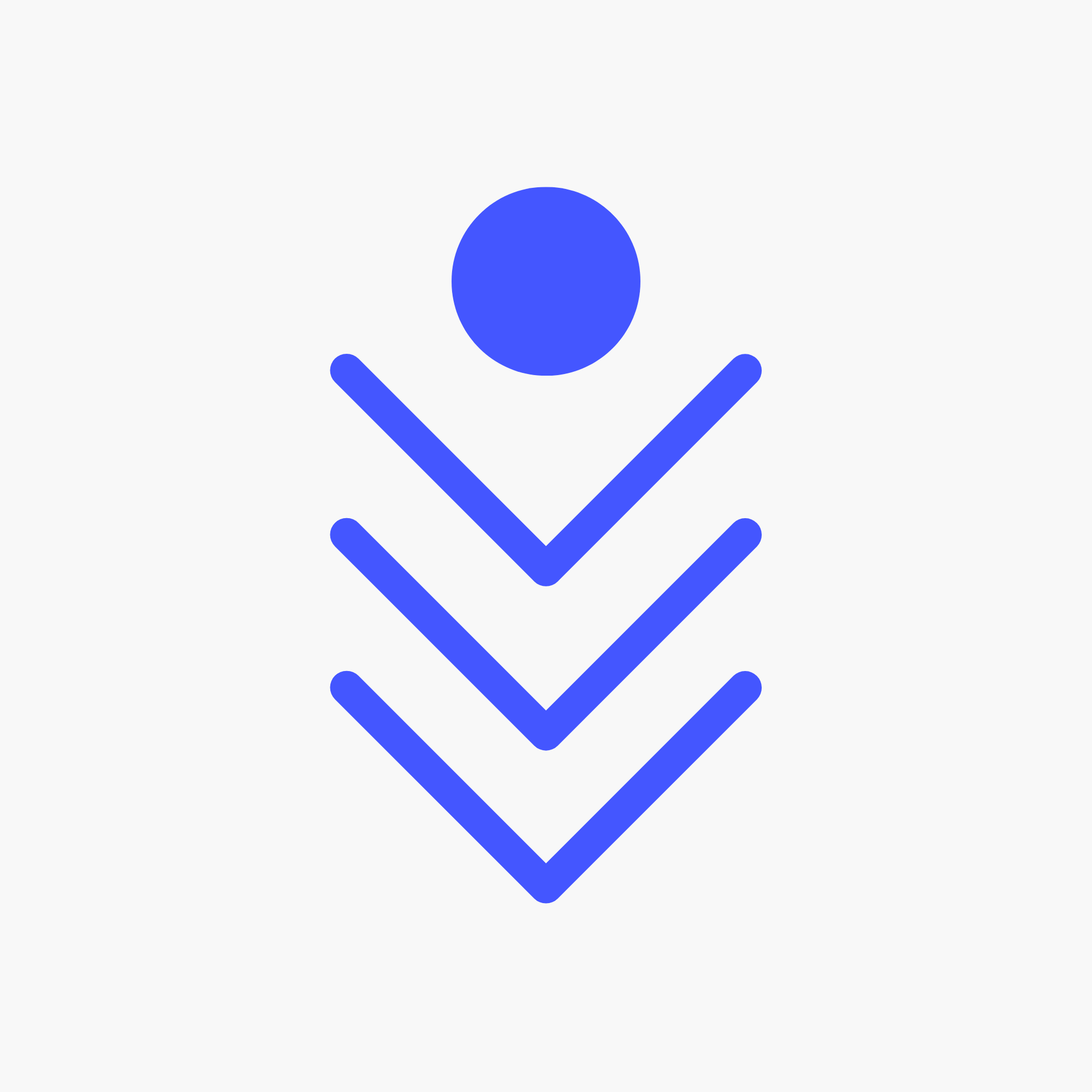 Blue triple-chevron arrow and dot icon symbolizing the start of The Pixel Press Co. website process.