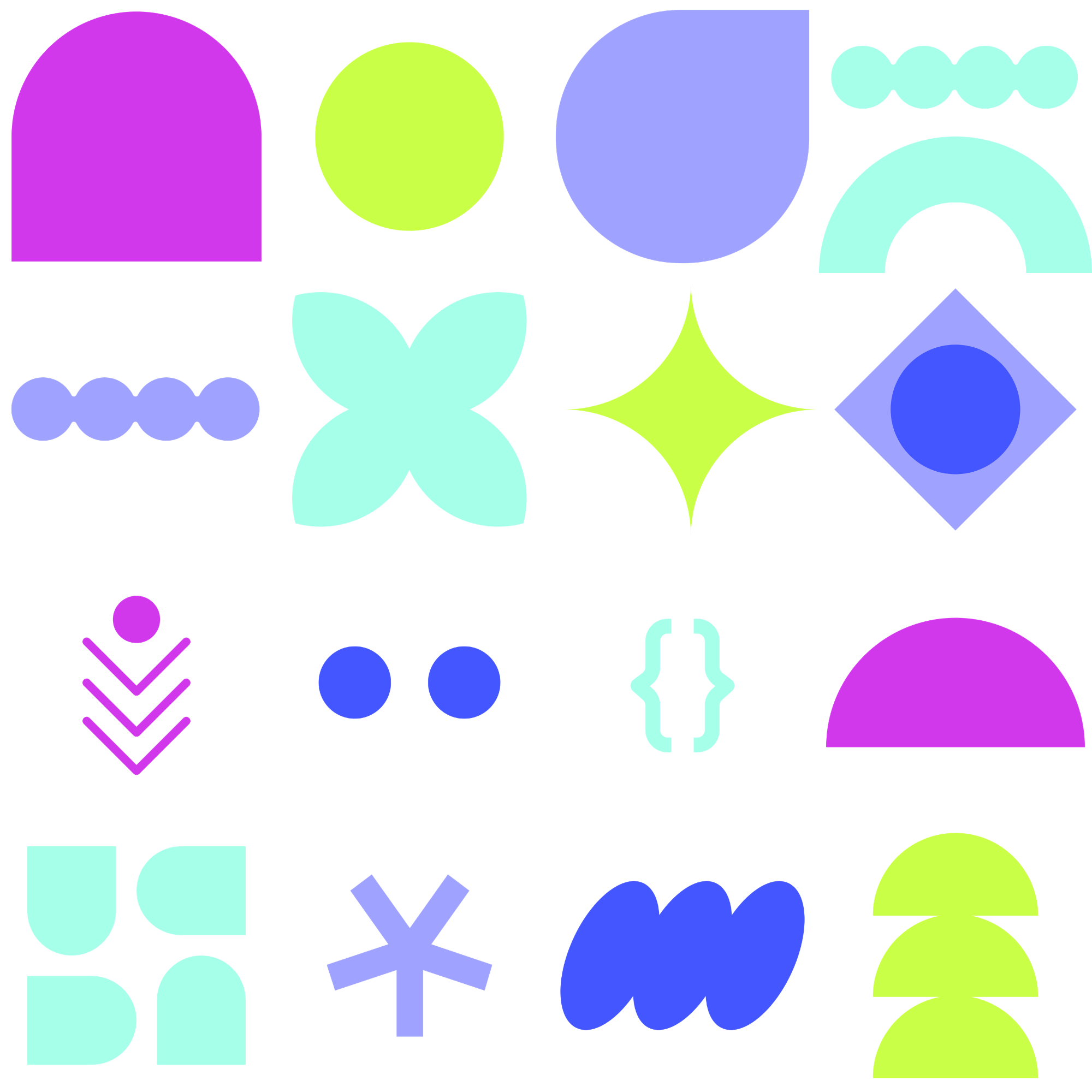 Square of designed icons including code brackets, dot grid, bars, and sparkle graphics by The Pixel Press Co.