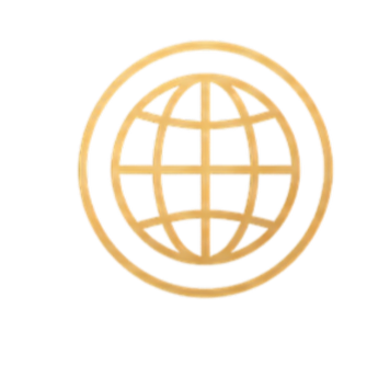 A logo featuring a gold globe with latitude and longitude lines enclosed in a circular gold border, set against a black background.