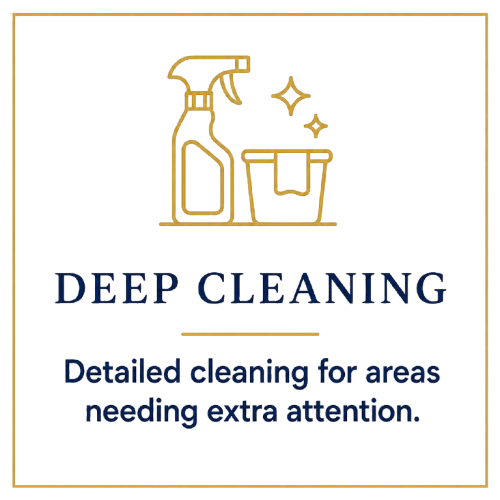 Logo for Deep Cleaning services featuring a gold spray bottle and cleaning cloth with text indicating specialized cleaning for germs and allergy protection.