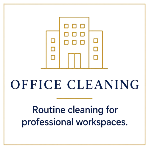 Illustration of a building with the text 'Office Cleaning' and a subtitle 'Routine cleaning for professional workspaces.'