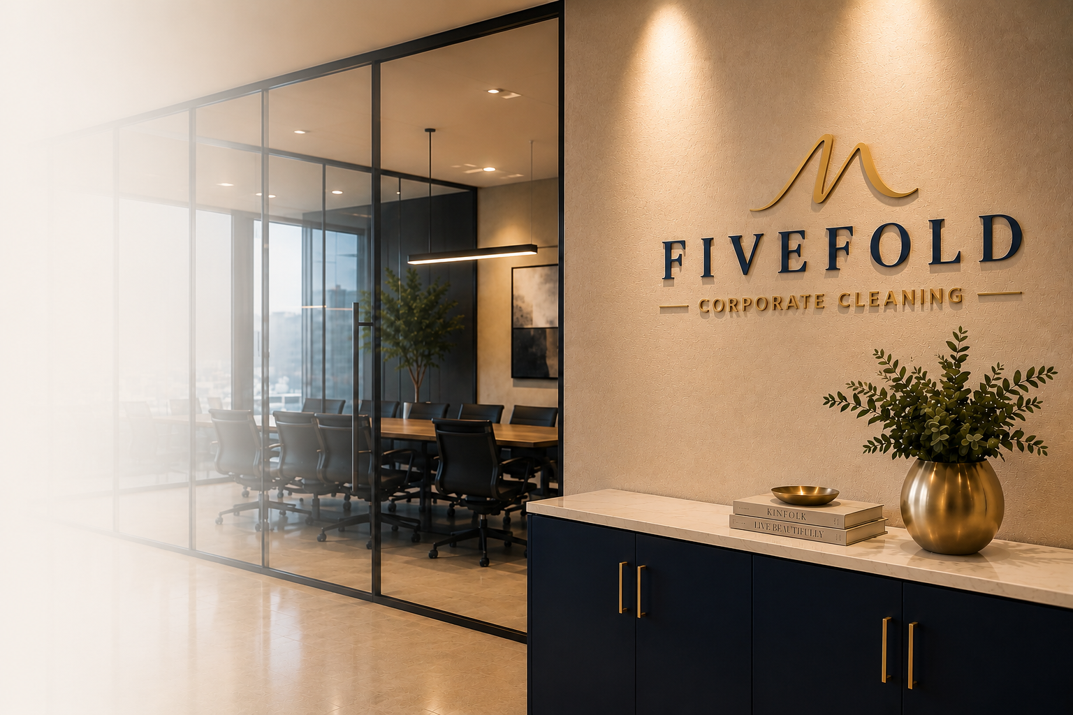 Modern corporate office interior representing Fivefold Corporate Cleaning’s professional workspaces.