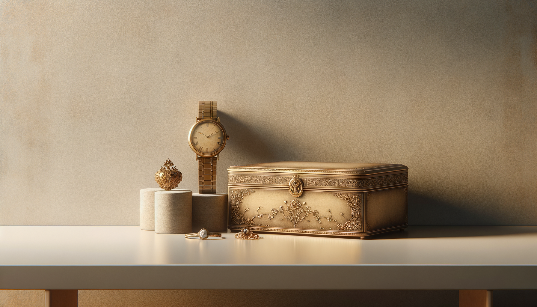 A still life arrangement with a vintage jewelry box, a gold wristwatch, a decorative heart-shaped object, and jewelry pieces, all placed on a white surface with a beige background.