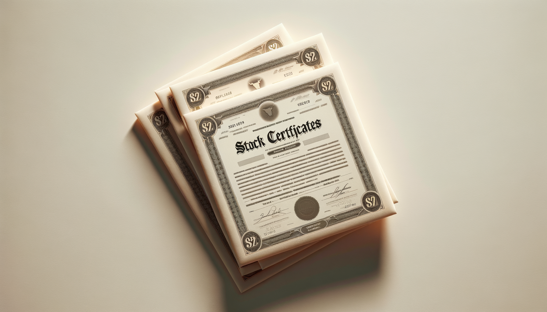 Stack of stock certificates with a vintage design, featuring a beige background and intricate borders.