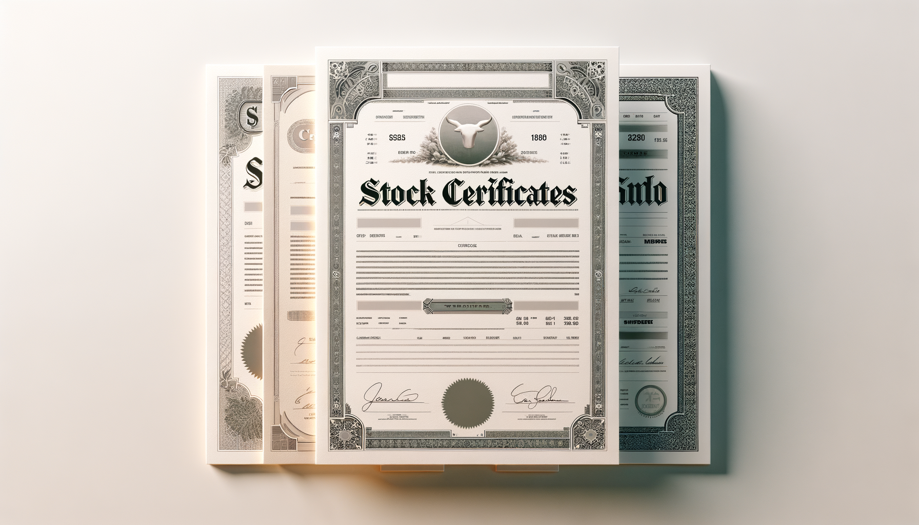 Three stock certificates with ornate borders and a bull's head logo, indicating they are investment documents.