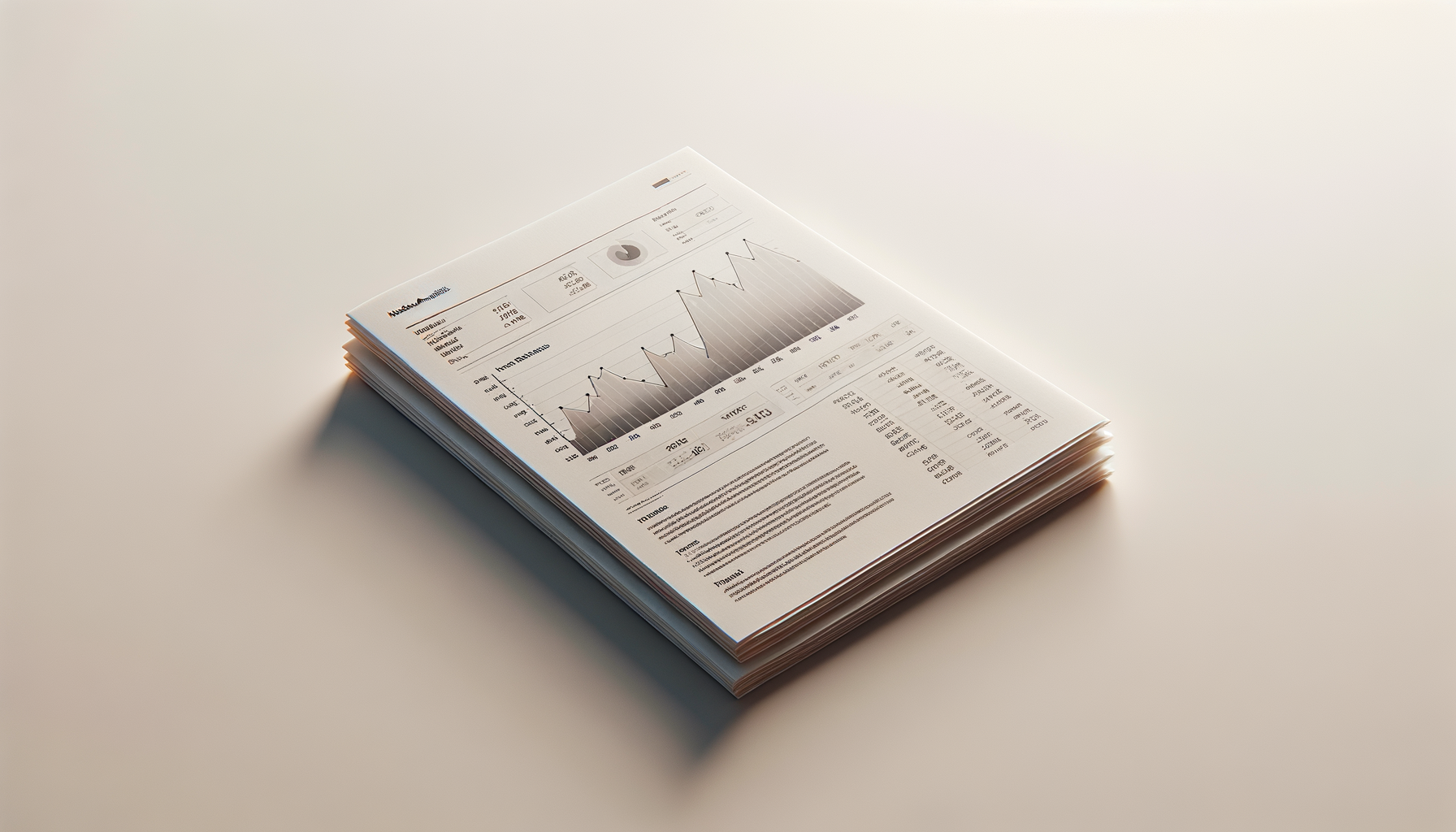 Stack of printed reports with graphs and data charts, placed on a plain light-colored surface.