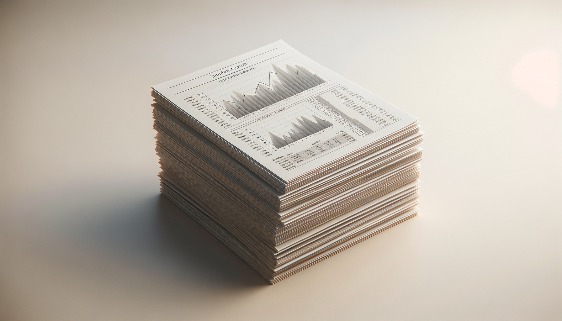 A large stack of printed sheets with graphs and data charts on top, including a line graph and a bar graph.