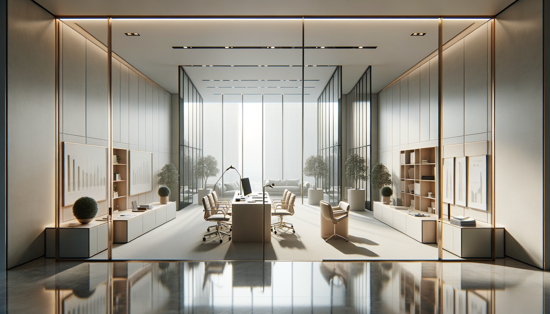 Modern office with a large window, white walls, multiple desks with chairs, potted plants, and wall art.