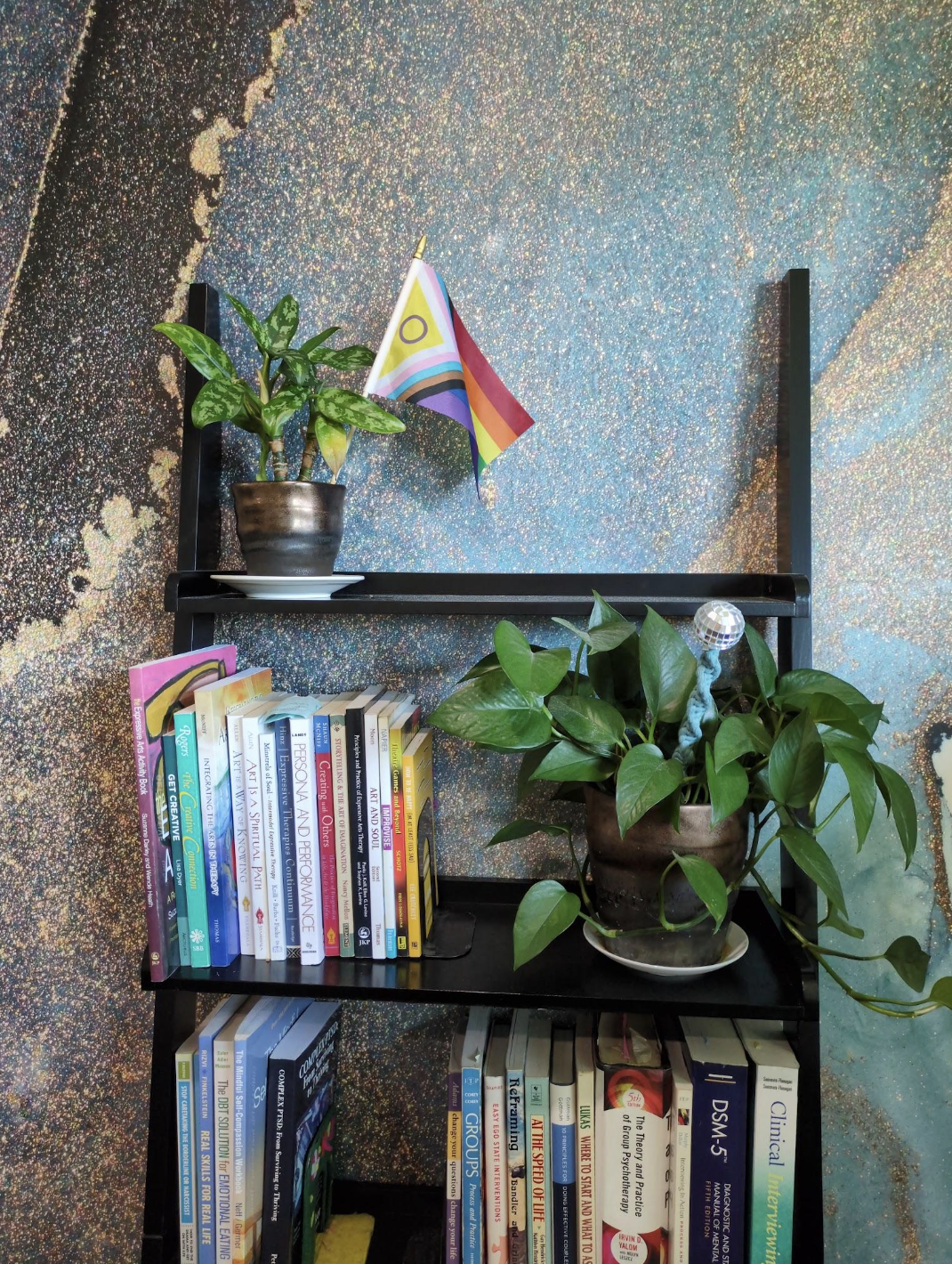 Bookshelf filled with therapy books, leafy plants, and a small Pride flag inside the Dark Moon Counseling office.