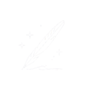 Delicate feather illustration surrounded by celestial sparkles.