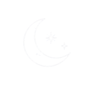 Crescent moon with small stars and sparkles.