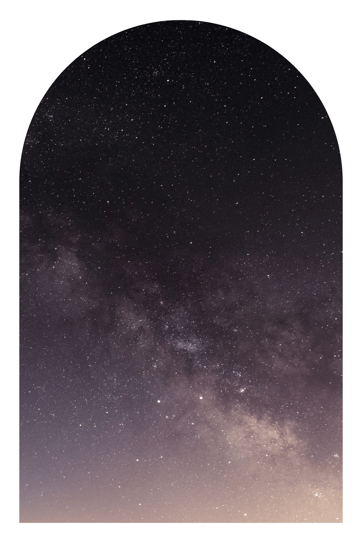 A peaceful night sky filled with countless stars and the glowing Milky Way, framed within an arched border against a deep navy background.