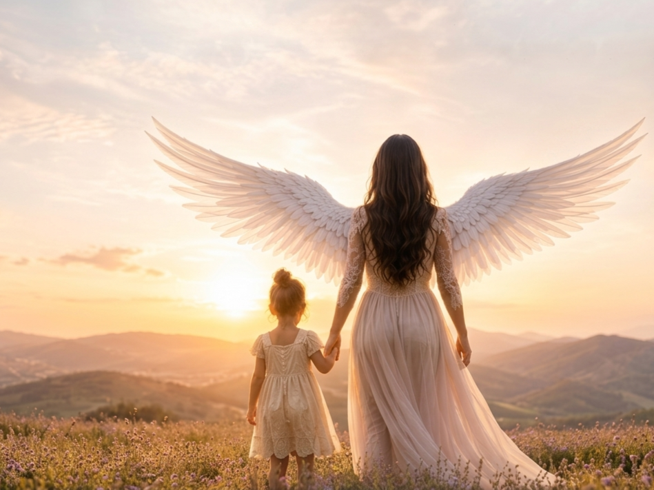 A woman with angel wings and a girl walking through a flower field at sunset, holding hands, with hills in the background.