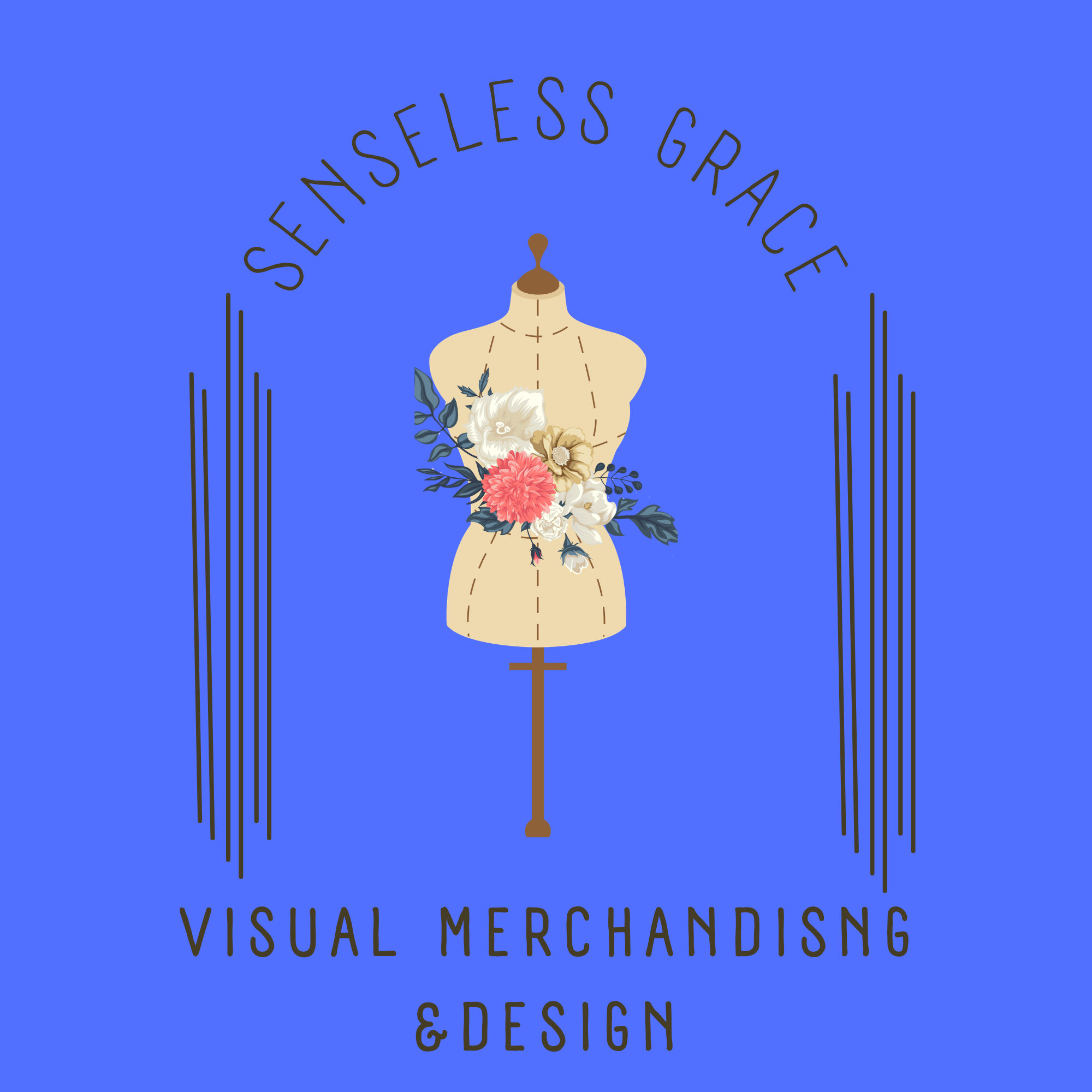 Logo for Visual Merchandising & Design with a dressmaker's mannequin decorated with flowers on a blue background.
