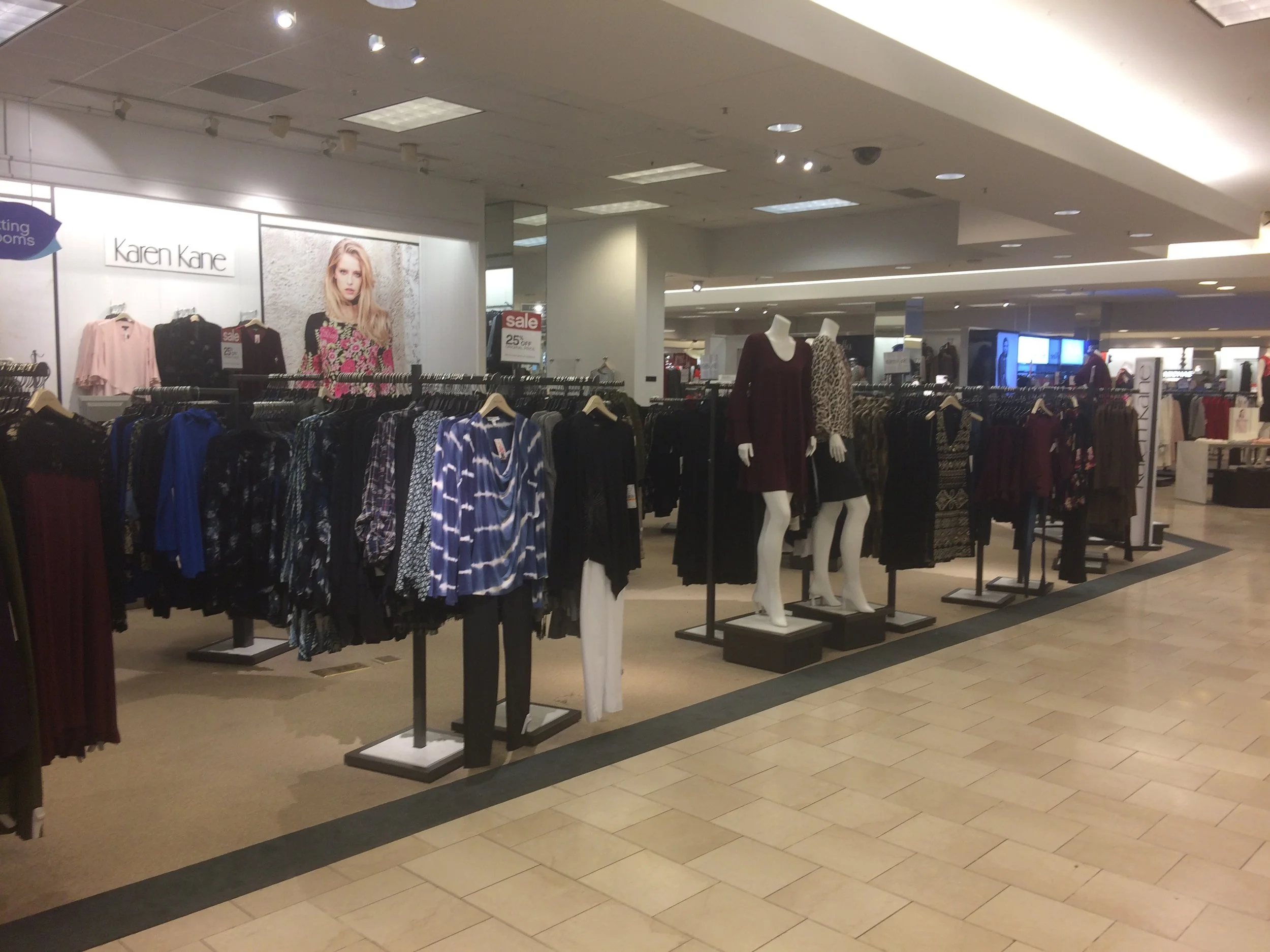 Clothing store in a mall with racks of dresses and mannequins displaying dresses.