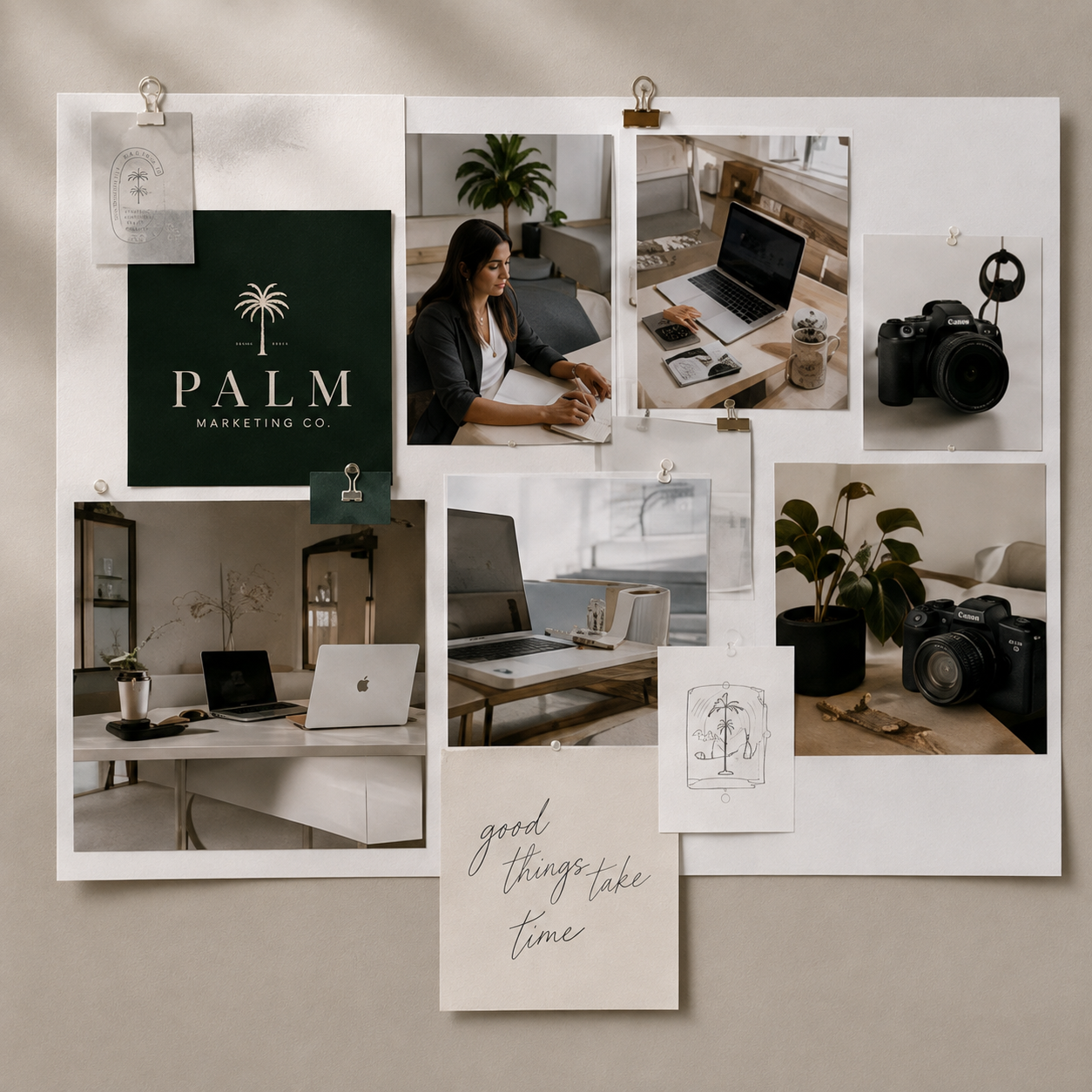 A bulletin board with various photographs, drawings, and motivational quotes, including images of a woman working on a laptop, a camera, a plant, and a note with the message "good things take time."