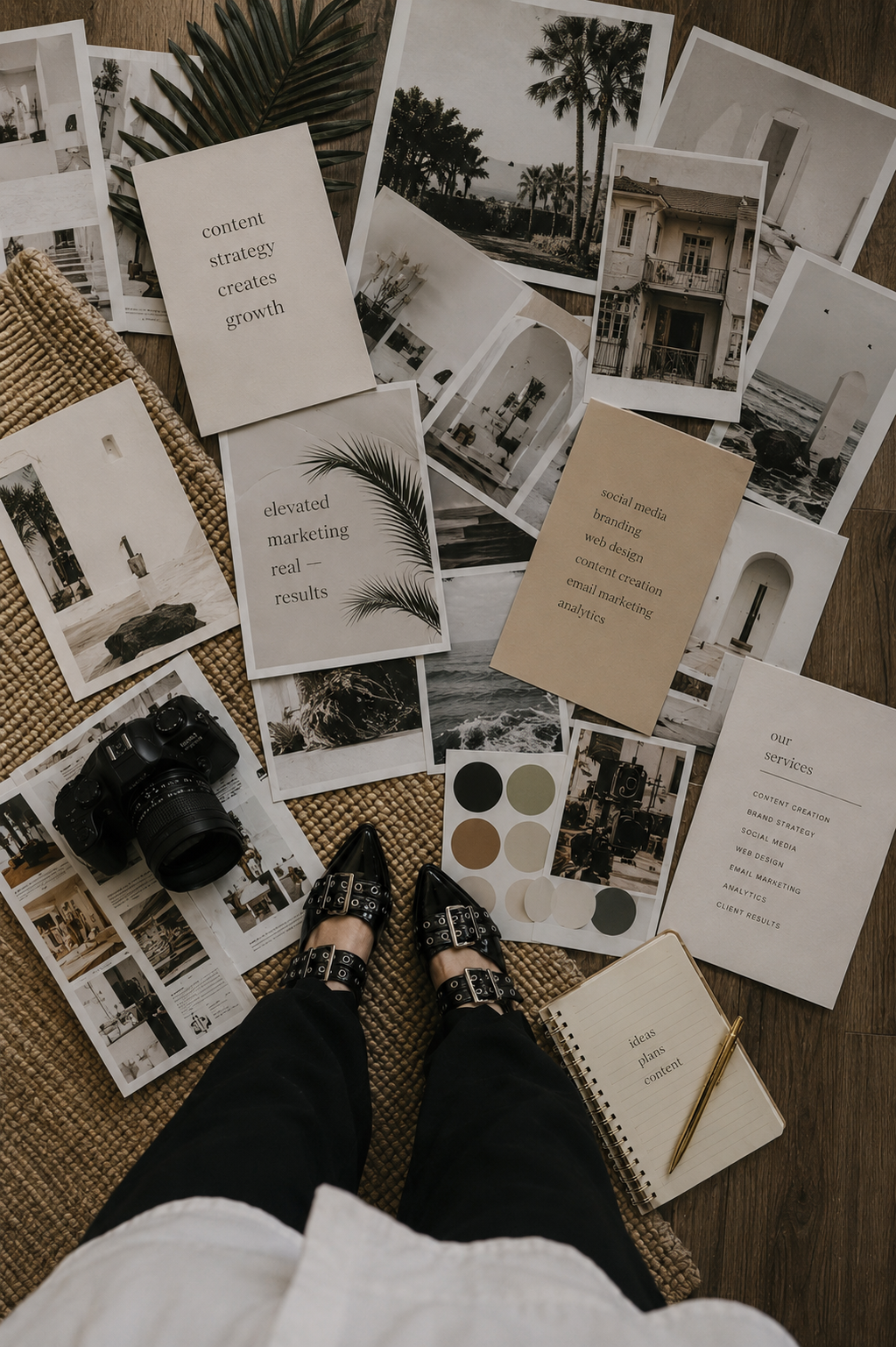 A person standing on a woven rug, viewing an array of black-and-white photographs, printed pages with marketing and social media concepts, a camera, a color palette, and a small notebook with a gold pen, on a hardwood floor.