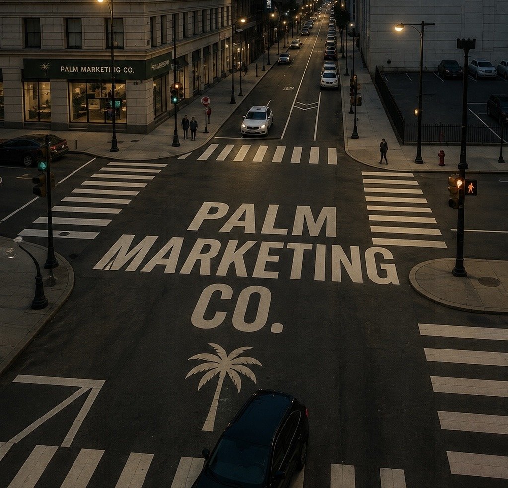 A city intersection with a large painted advertisement on the street that reads 'PALM MARKETING CO.' with a palm tree graphic below. The scene is at dusk or early evening, with cars waiting at stoplights and pedestrians crossing the street.